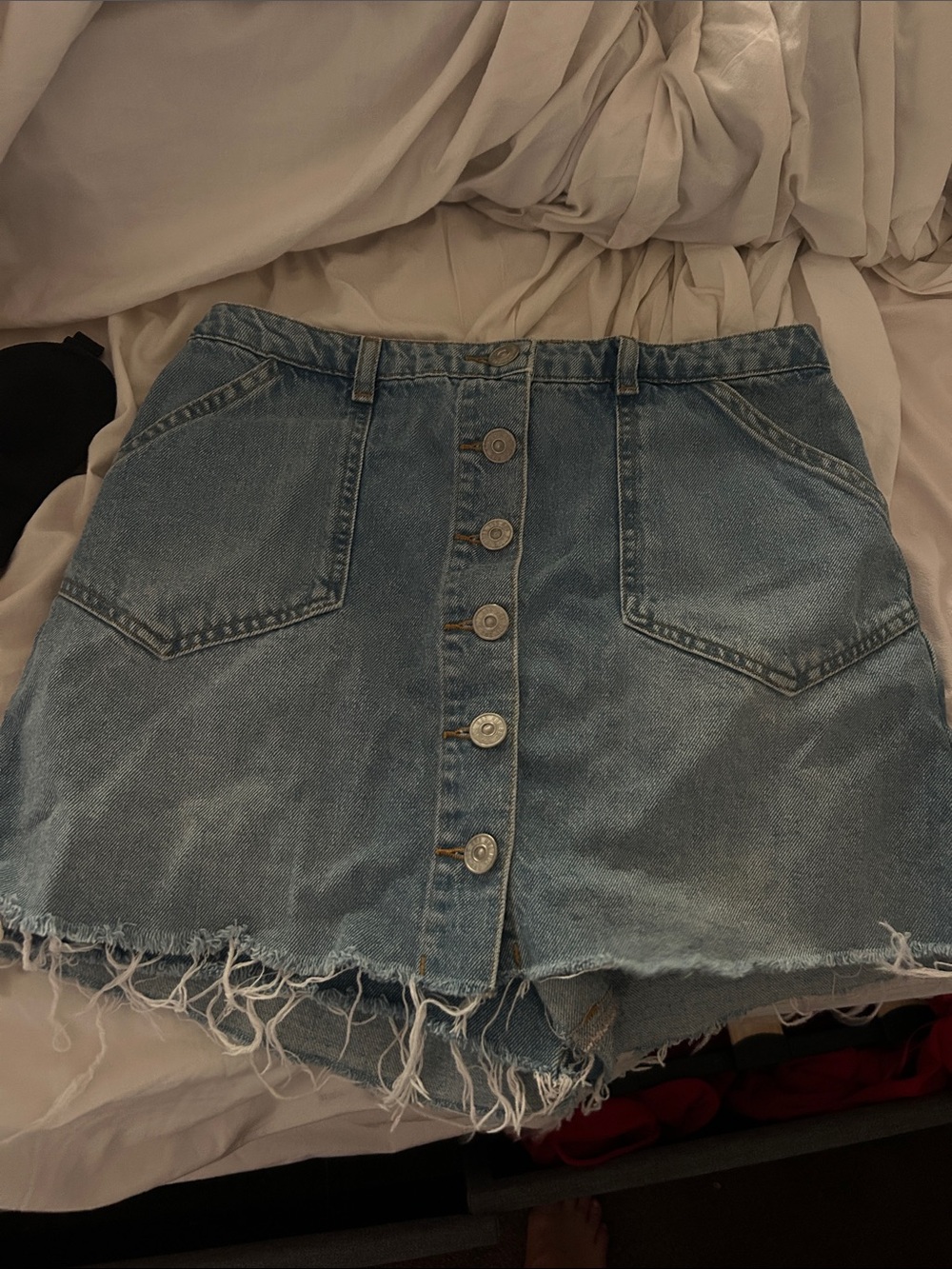 Denim Button-Front Mini Skort with Frayed Hem Urban Outfitters